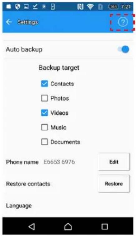 Settings Auto backup Backup target Contacts Photos Videos Music Documents Phone name E6653 6976 Edit Restore contacts Restore Language