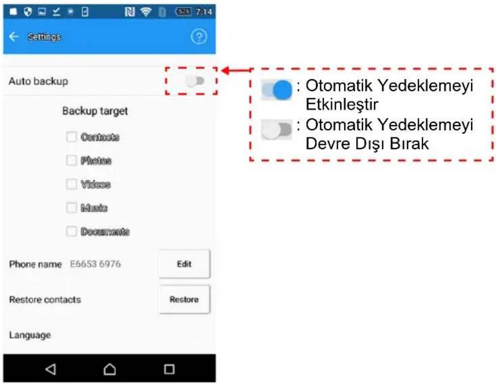 Settings Auto backup Backup target Contacts Photos Videos Music Documents Phone name E6653 6976 Edit Restore contacts Restore Language : Otomatik Yedeklemeyi Etkinleştir : Otomatik Yedeklemeyi Devre Dışı Bırak