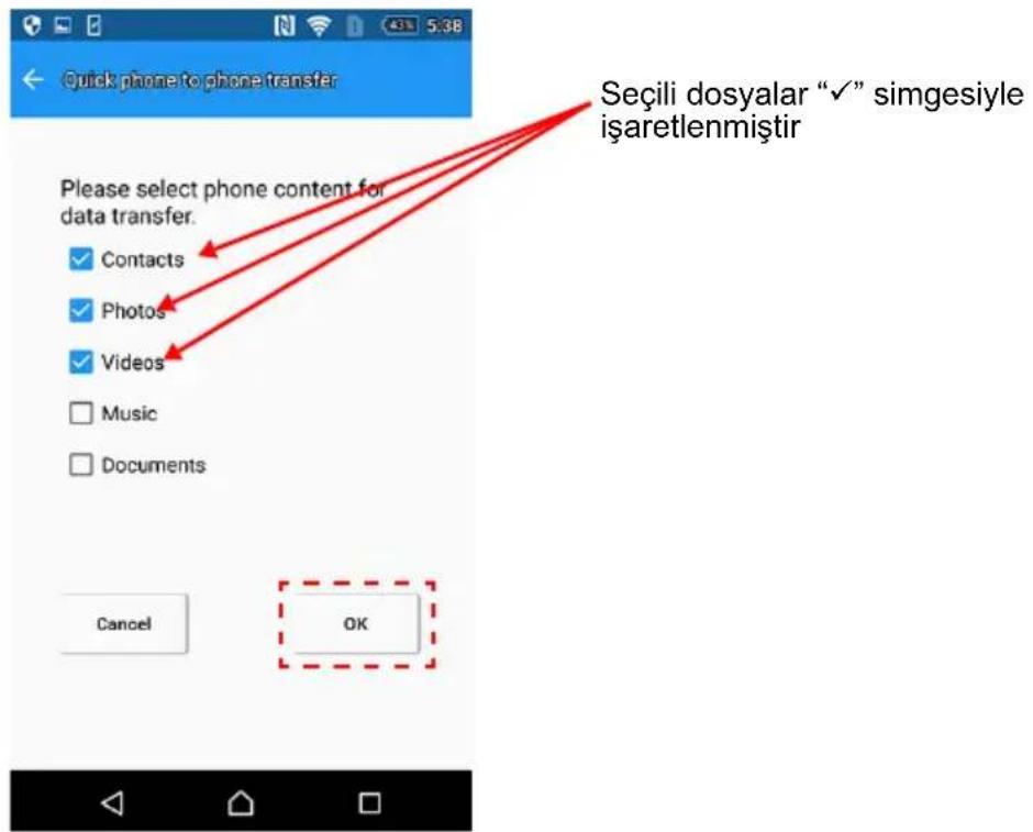 Quick phone to phone transfer Please select phone content for data transfer. Contacts Photos Videos Music Documents Cancel OK Seçili dosyalar "✓" simgesiyle işaretlenmiştir
