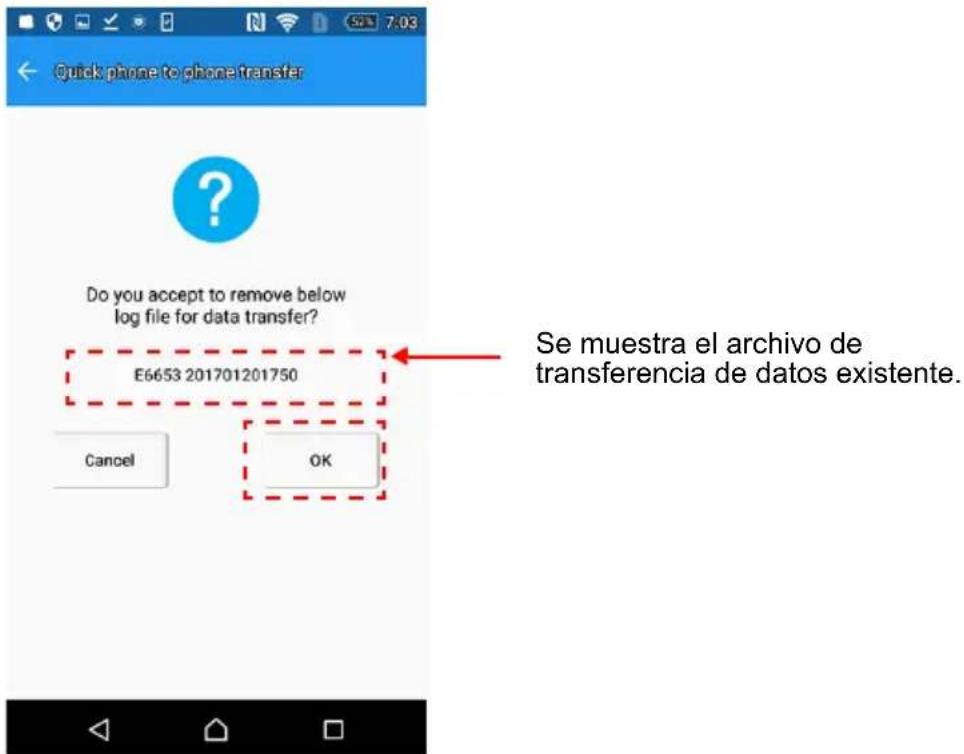 Quick phone to phone transfer Do you accept to remove below log file for data transfer? E6653 201701201750 Cancel OK Se muestra el archivo de transferencia de datos existente.