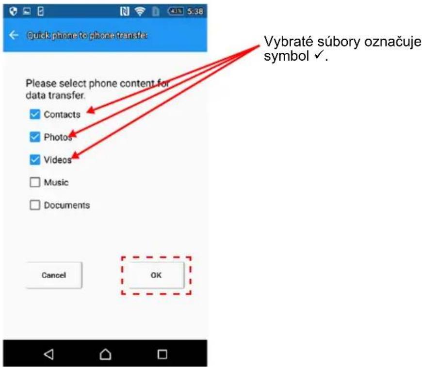 Quick phone to phone transfer Please select phone content for data transfer. Contacts Photos Videos Music Documents Cancel OK Vybraté súbory označuje symbol ✓.