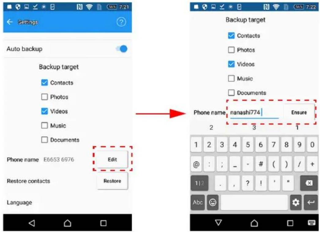 Settings Auto backup Backup target Contacts Photos Videos Music Documents Phone name E6653 6976 Edit Restore contacts Restore Language Backup target Contacts Photos Videos Music Documents Phone name nanashi774 Ensure 2 3 1 1 2 3 4 5 6 7 8 9 0 @ : ; - # ( ) / + 112 . , ? ! " Abc 😊 ←