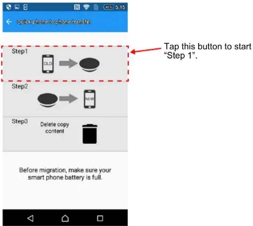 Quick phone to phone transfer Step1 Old Step2 NEW Step3 Delete copy content Before migration, make sure your smart phone battery is full. Tap this button to start "Step 1".