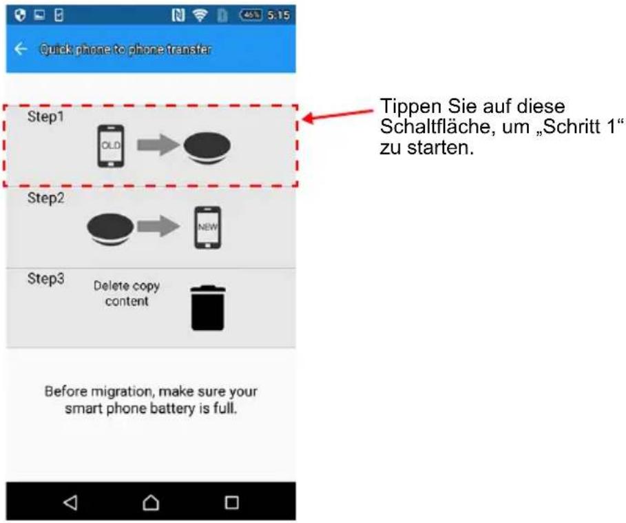 Quick phone to phone transfer Step1 OLD → Tippen Sie auf diese Schaltfläche, um „Schritt 1“ zu starten. Step2 NEW Step3 Delete copy content Before migration, make sure your smart phone battery is full.
