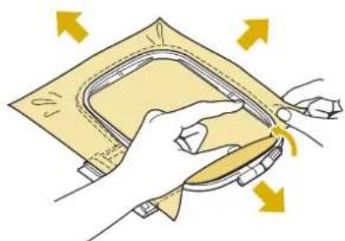 BABY LOCK Pathfinder - Tendez doucement le tissu, puis serrez la vis de réglage du cadre afin d'eviter que le tissu se détende après l'avoir tendu. - 1