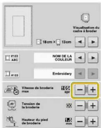 BABY LOCK Pathfinder - Sur l'affichage « Vitesse de broderie max», utilisez pour modifier la vitesse de broderie maximale. - 1