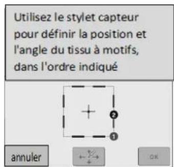 BABY LOCK Pathfinder - Avec le stylet capteur, touchez le point du tissu correspondant au coin ① de l'écran. - 1
