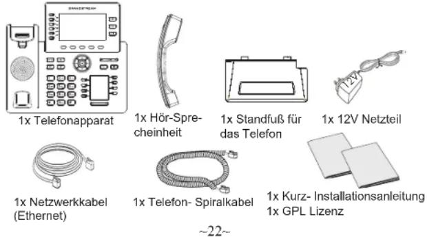 1x Telefonapparat 1x Hör-Sprecheinheit 1x Standfuß für das Telefon 1x 12V Netzteil 1x Netzwerkkabel (Ethernet) 1x Telefon- Spiralkabel ~22~ 1x Kurz- Installationsanleitung 1x GPL Lizenz