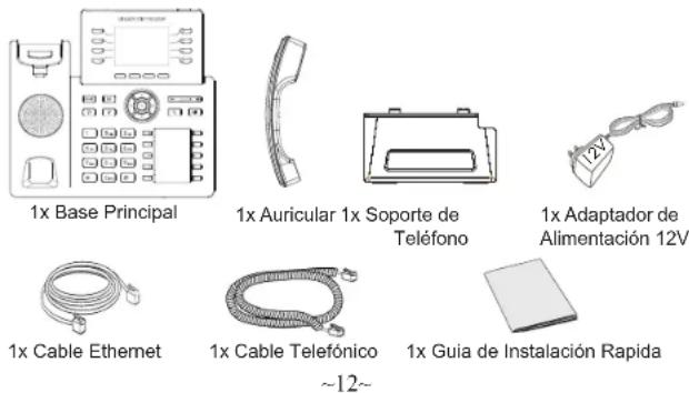 1x Base Principal 1x Auricular 1x Soporte de Teléfono 1x Adaptador de Alimentación 12V 1x Cable Ethernet 1x Cable Telefónico ~12~ 1x Guía de Instalación Rapida