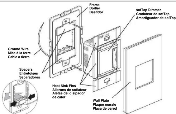 Ground Wire Mise à la terre Cable à tierra Spacers Entretoisés Separadores Frame Boîtier Bastidor sofTap Dimmer Gradateur de sofTap Amortiguador de sofTap Heat Sink Fins Allerons de radiateur Aletas del disipador de calor Wall Plate Plaque murale Placa de pared