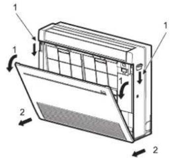 Technical diagram of an air conditioner unit with labeled components and directional arrows indicating airflow or movement.