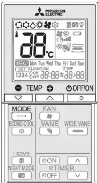 MITSUBISHI ELECTRIC 38°C WEEKLY Mon Tue Wed Thu Fri Sat Sun SET CLOCK ON OFF 1234 ON 28:88 28:88 TEMP OFF/ON MODE FAN ECONO COOL VANE WIDE VANE i save ON NIGHT MODE ON TIMER OFF