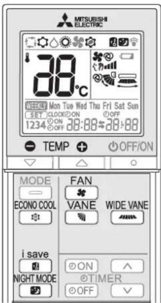 MITSUBISHI ELECTRIC 38°C WEEKLY Mon Tue Wed Thu Fri Sat Sun SET CLOCK ON OFF 1234 ON 28:88 28:88 TEMP OFF/ON MODE FAN ECONO COOL VANE WIDE VANE i save ON NIGHT MODE ON TIMER OFF