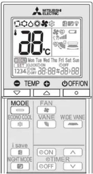 MITSUBISHI ELECTRIC 38°C WEEKLY Mon Tue Wed Thu Fri Sat Sun SET CLOCK ON 1234 ON OFF 28:00-28:00 TEMP OFF/ON MODE ECONO COOL i save NIGHT MODE FAN VANE WIDE VANE ON TIMER OFF
