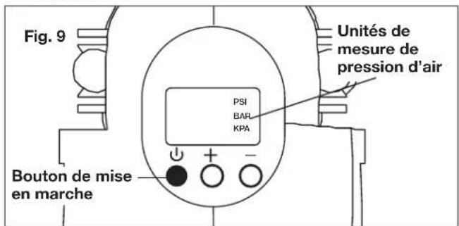 Fig. 9 Unités de mesure de pression d'air PSI BAR KPA Bouton de mise en marche