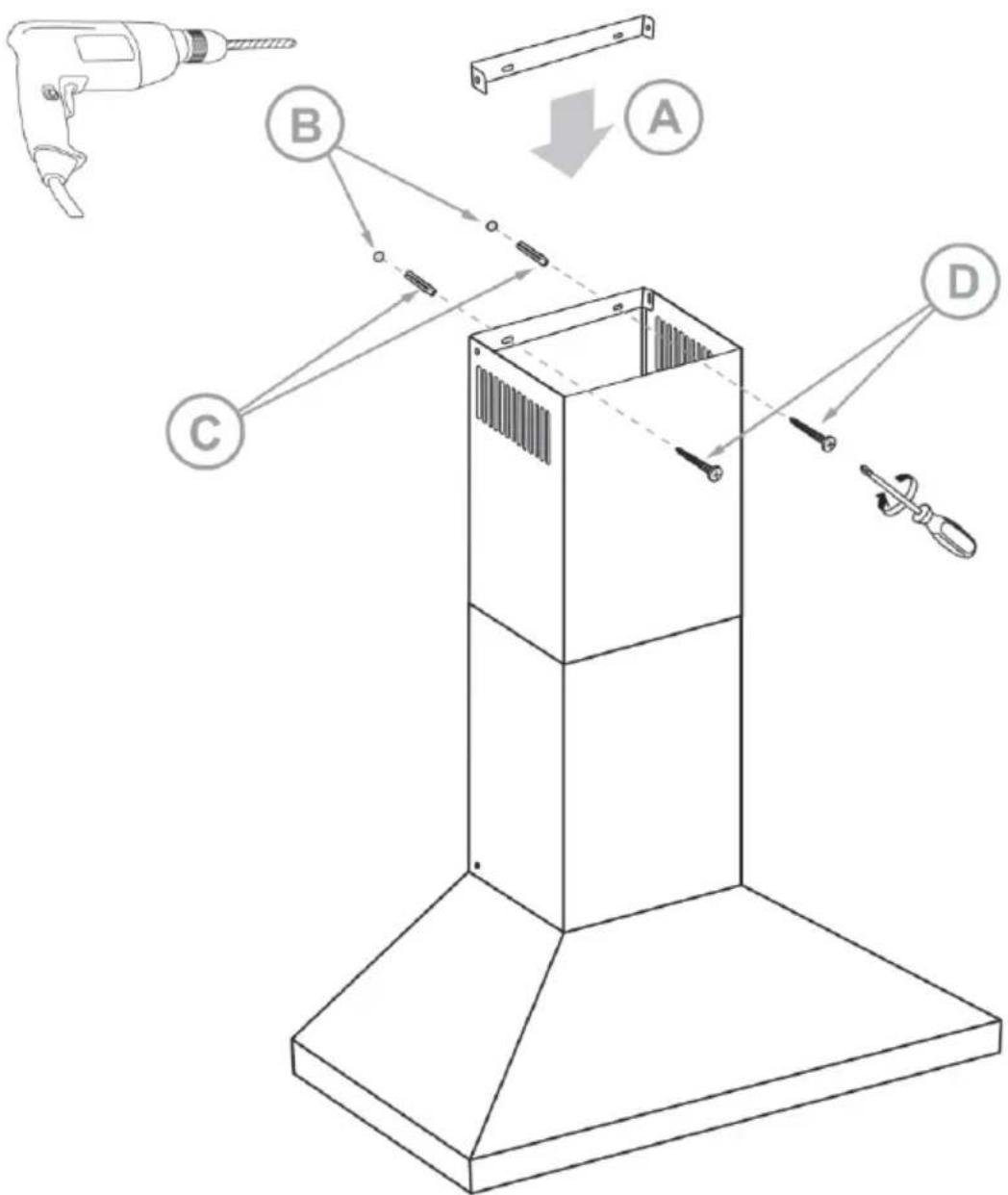 Diagram illustrating the assembly of a power tool with labeled parts A, B, C, and D, showing a mechanical setup with a drill bit.