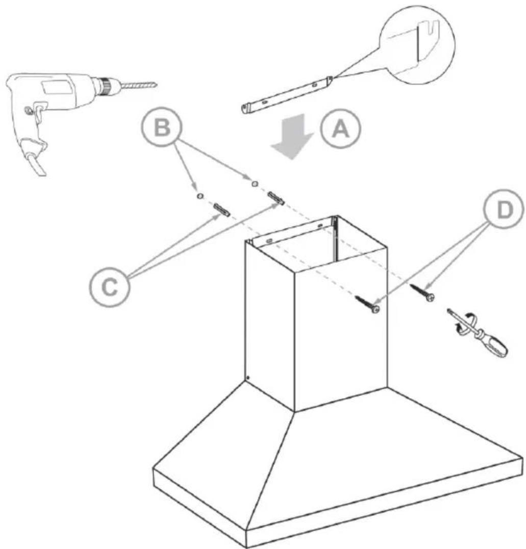 Diagram illustrating a mechanical assembly with labeled components A, B, C, D and a drill bit, showing tool path and assembly steps.