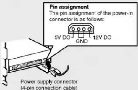 Pin assignment The pin assignment of the power-in connector is as follows: 5V DC GND 12V DC Power supply connector (4-pin connection cable)
