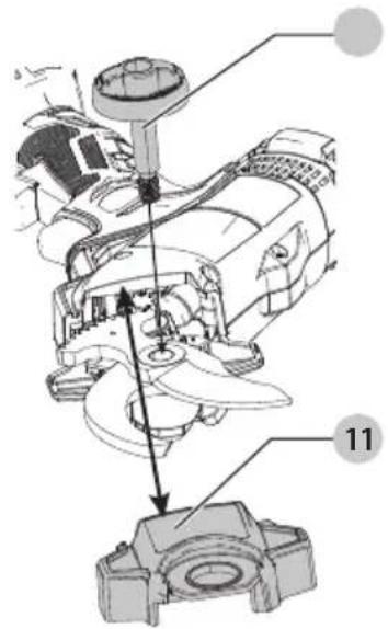 Technical diagram of a mechanical assembly with labeled parts and directional arrows indicating motion or movement.
