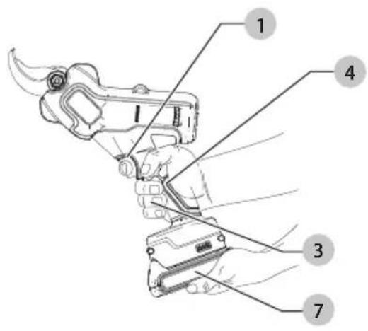 Diagram of a hand holding a handheld device with numbered parts labeled 1, 3, 4, and 7.