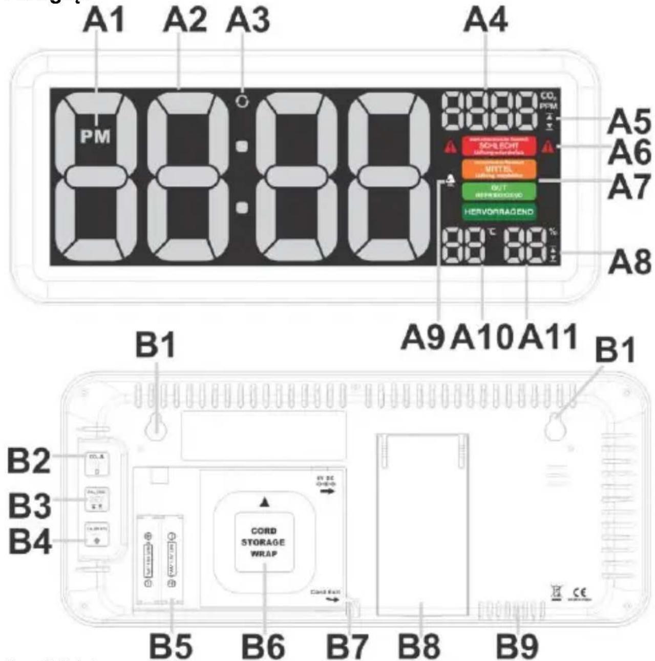 TECHNOLINE WL 1040 - Zegar ścienny LED ze stacją monitorującą CO₂, temperatury i wilgotności względnej - 1