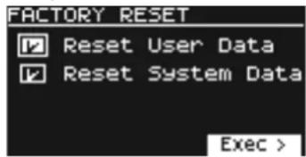 FACTORY RESET Reset User Data Reset System Data Exec >