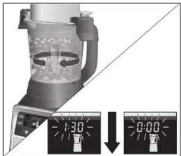 Diagram showing a blender with digital display showing time and duration, including a 1:30 and 0:00 time indicators.