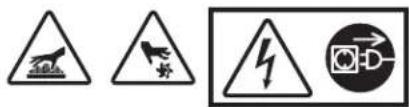 Four safety warning symbols: triangular warning triangle, lightning bolt, black circle with 'D' and arrows, and triangular warning sign.