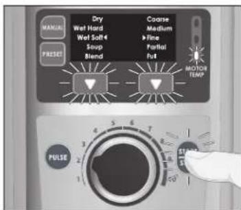 MANUAL PRESET Dry Wet Hard Wet Soft Soup Blend Coarse Medium > Fine Partial Full MOTOR FLOW PULSE STANDARD 50°