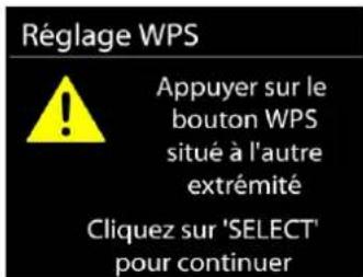 Réglage WPS Appuyer sur le bouton WPS situé à l'autre extrémité Cliquez sur 'SELECT' pour continuer
