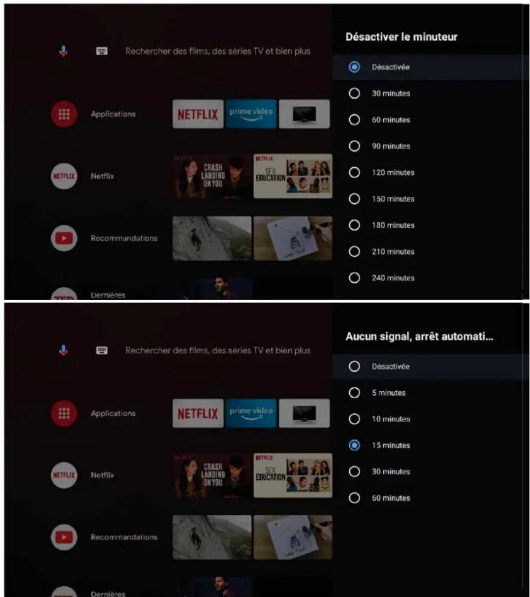 Désactiver le minuteur Désactivée 30 minutes 60 minutes 90 minutes 120 minutes 150 minutes 180 minutes 210 minutes 240 minutes Applications NETFLIX prime video NETFLIX Recommandations Dernières Aucun signal, arrêt automati... Désactivée 5 minutes 10 minutes 15 minutes 30 minutes 60 minutes