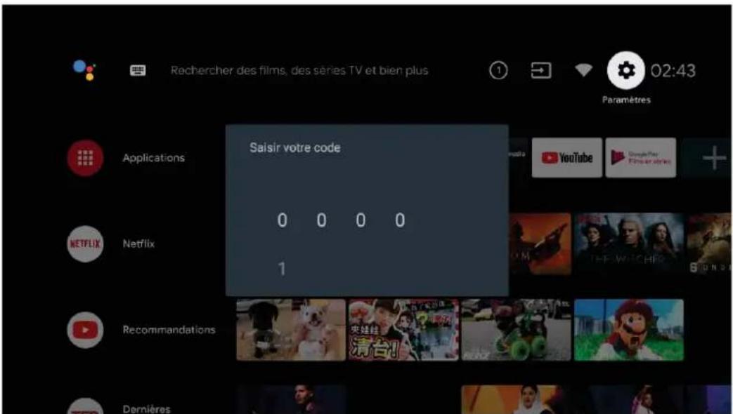 Rechercher des films, des séries TV et bien plus 02:43 Paramètres Applications Saisir votre code 0 0 0 0 1 NETFLIX Netflix Recommendations Dernières
