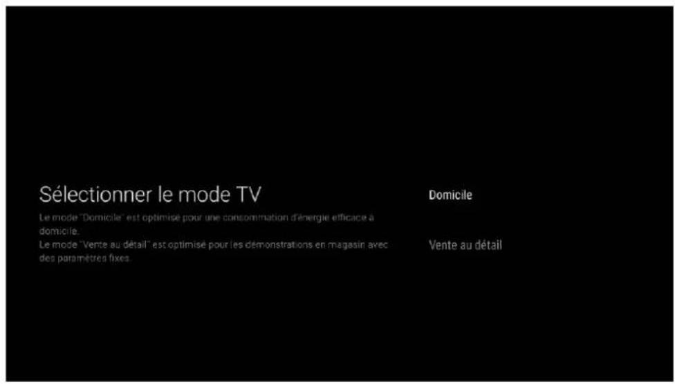 Sélectionner le mode TV Le mode "Domicile" est optimisé pour une consommation d'énergie efficace à domicile. Le mode "Vente au détail" est optimisé pour les démonstrations en magasin avec des paramètres fixes. Domicile Vente au détail