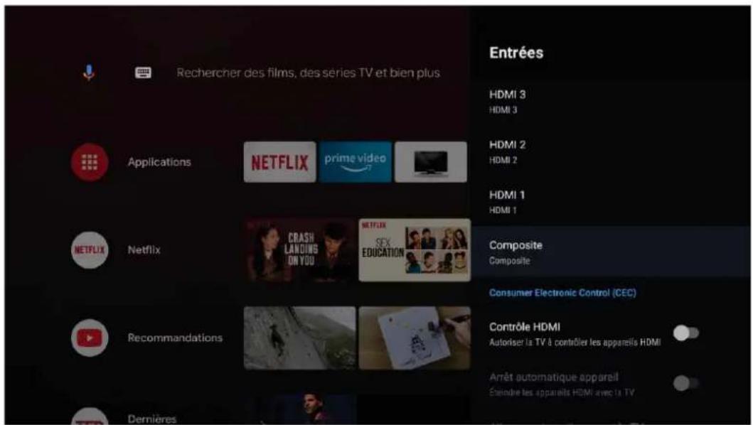 Rechercher des films, des séries TV et bien plus Applications NETFLIX prime video NETFLIX Composité Composite Consumer Electronic Control (CEC) Recommendations Contrôle HDMI Autoriser la TV à contrôler les appareils HDMI Arrêt automatique appareil Ésindrie les appareils HDMI avec la TV Dernières Entrées HDMI 3 HDMI 3 HDMI 2 HDMI 2 HDMI 1 HDMI 1