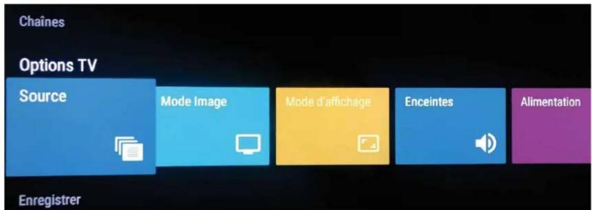 Chânes Options TV Source Mode Image Mode d'affichage Enceintes Alimentation Enregistrer