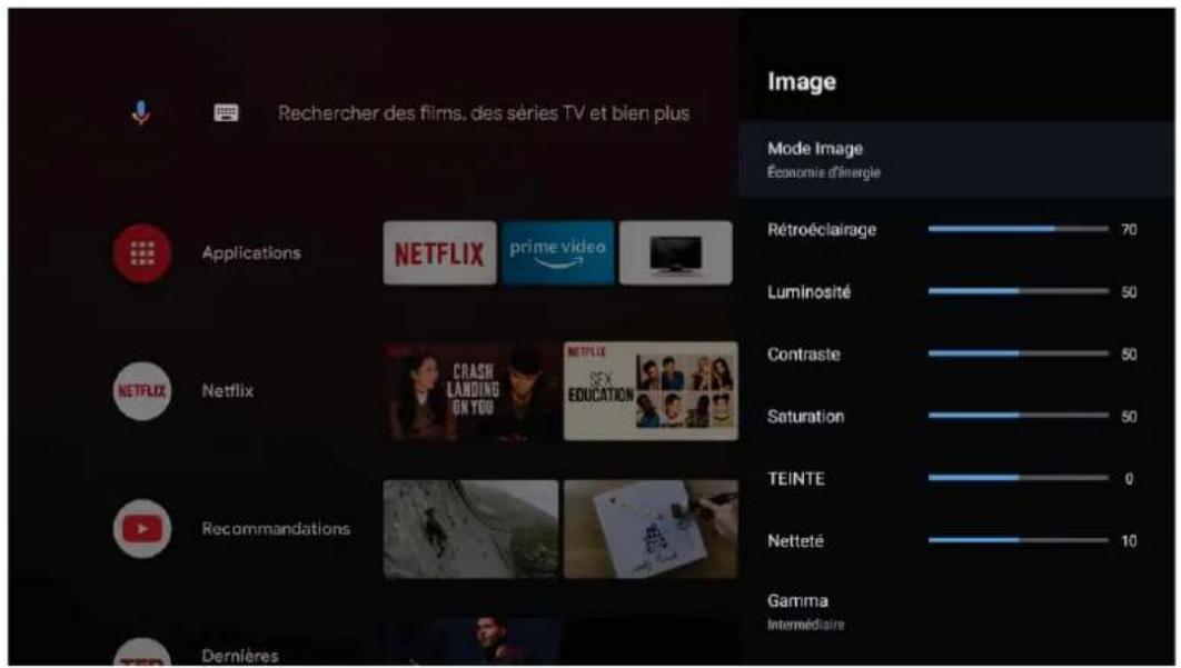 Rechercher des films, des séries TV et bien plus Applications NETFLIX prime video NetFLIX Netflix CRASH LANDING ON YOU NETFLIX SEX EDUCATION Recommendations Dernières Image Mode Image Économie d'énergie Rétroéclairage 70 Luminosité 50 Contraste 50 Saturation 50 TEINTE 0 Netteté 10 Gamma Intermédiaire