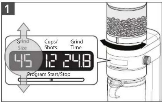 1 Grind Size Cups/ Shots Grind Time 45 12 24.8 Program Start/Stop