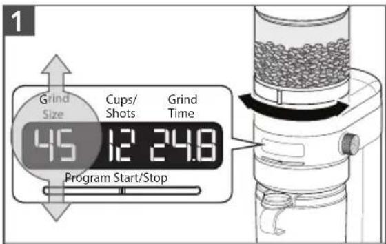 1 Grind Size Cups/ Shots Grind Time 45 12 24.8 Program Start/Stop