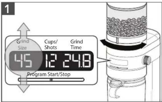 1 Grind Size Cups/ Shots Grind Time 45 12 24.8 Program Start/Stop