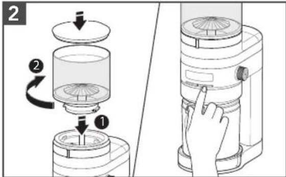 Diagram showing a hand pressing down a device into a cylindrical container, labeled with steps 1 and 2.
