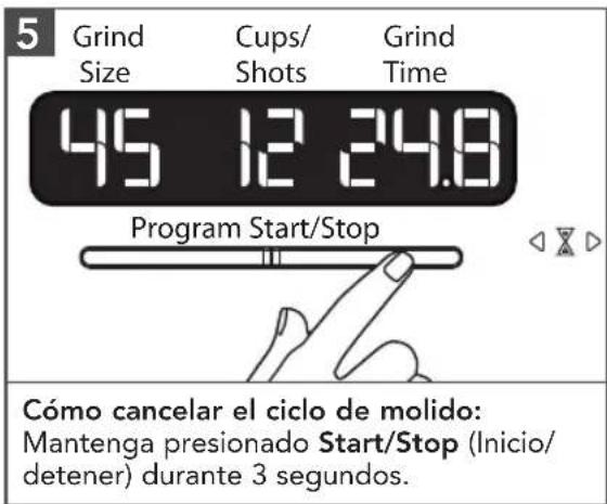 5 Grind Size Cups/ Shots Grind Time 45 12 24.8 Program Start/Stop Cómo cancelar el ciclo de molido: Mantenga presionado Start/Stop (Inicio/ detener) durante 3 segundos.