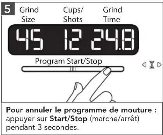 5 Grind Size Cups/ Shots Grind Time 45 12 24.8 Program Start/Stop Pour annuler le programme de mouture : appuyer sur Start/Stop (marche/arrêt) pendant 3 secondes.