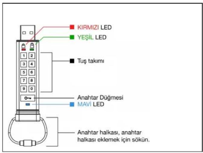 KIRMIZI LED YEŞİL LED Tuş takımı Anahtar Düğmesi MAVI LED Anahtar halkası, anahtar halkası eklemek için sökün.