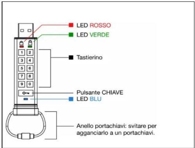 LED ROSSO LED VERDE Tastierino Pulsante CHIAVE LED BLU Anello portachiavi: svitare per agganciarlo a un portachiavi.