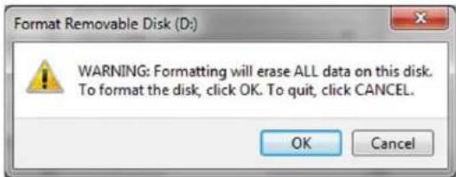 Format Removable Disk (D:) WARNING: Formatting will erase ALL data on this disk. To format the disk, click OK. To quit, click CANCEL.