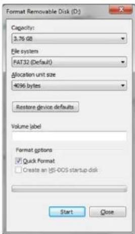 Format Removable Disk (D:) Capacity: 3.76 GB File system FAT32 (Default) Allocation unit size 4096 bytes Restore device defaults Volume label Format options ✓ Quick Format □ Create an iOS-DOS startup disk Start Close