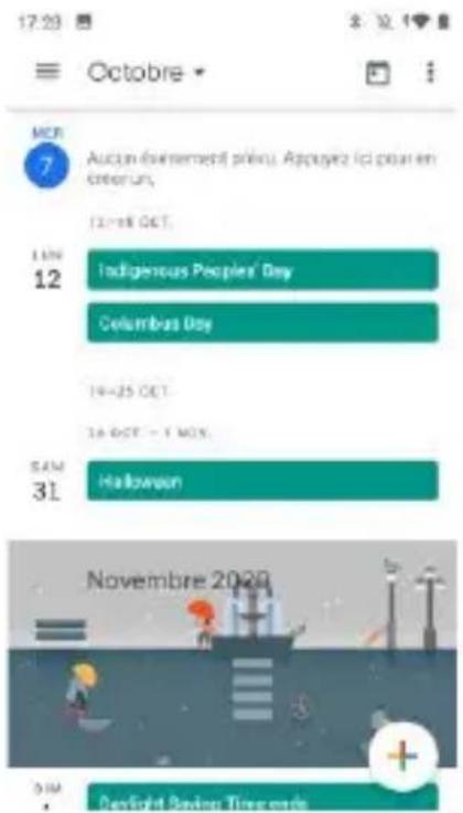 17:20 Octobre MOR 7 Autain ((ensement) prévu). Appuyez ici pour en criterion, 12-18 OCT. LUN 12 Indigenous Peoples' Day Columbus Day 19-25 OCT. 18 OCT - 1 MEX. SAM 31 Halloween Novembre 2020 SIM Geofold Daily Time ends