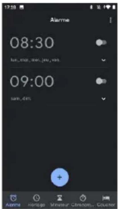 17:28 Alarme 08:30 fun, mar, mes, jeu, van. 09:00 sam, dim.