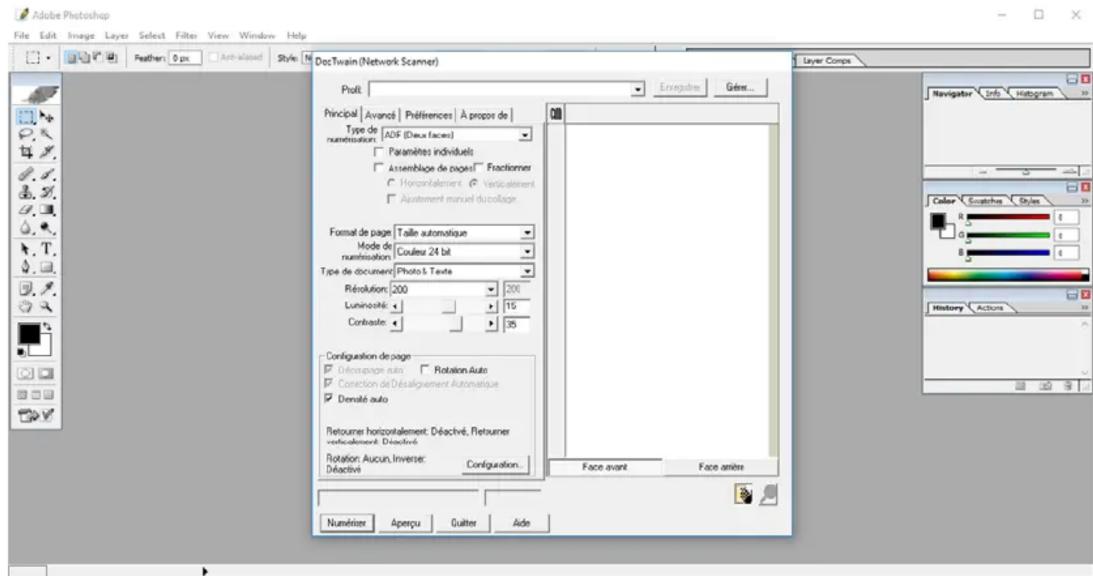 Adobe Photoshop File Edit Image Layer Select Filter View Window Help Feather 0 px Anti-aligned Style N DotTwain (Network Scanner) Profit: Enregistre Gérie... Principal Avancél Préférences A proporc de Type de numétration ADIF (Dauc faces) Paramètres individuels Assemblage de page1 Fractiomer Horizontalement Verticlement Ajustement mensuel ducollage Format de page Talle automatique Mode de numétrisation Coulee 24 bit Type de document Photo's Texte Révolution 200 200 Luminosité 15 Contraste 35 Configuration de page Détroutage auto Rotation Auto Correction de Désalignment Automatique Demand auto Retourer horizontalement, Déactivé, Retourer verfacalement, Déactivé. Rotation Aucun, Inverse: Configuration... Déactivé Face avant Face anière Numériser Aperçu Quitter Aide Layer Comps Navigator Info Histogram Color Equitrés Styles History Actions
