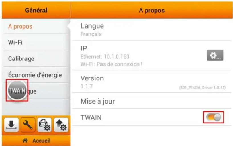 Général A propos Langue Français Wi-Fi IP Ethernet: 10.1.0.163 Wi-Fi: Pas de connexion ! Économie d'énergie Version 1.1.7 (531_PlikStd_Criver 1.0.43) TWAIN Mise à jour TWAIN Accueil